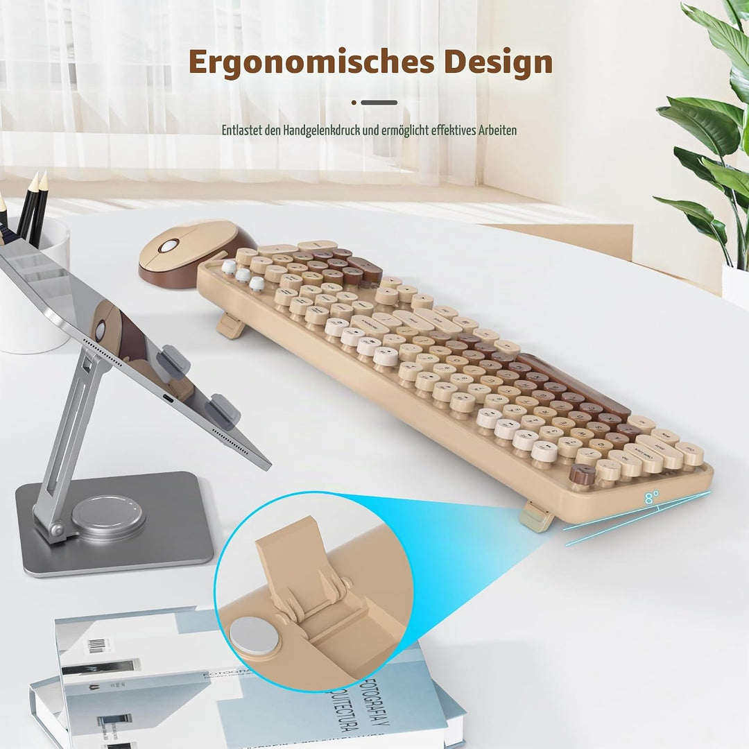 SOLIDEE kabellose Tastatur- und Maus-Kombination,Retro-Schreibmaschinen-Tastatur,2.4GHz runde Tasten