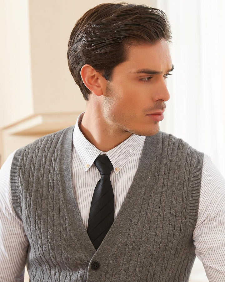 Kallspin Herren Strickweste Ärmellos Cardigan Wollmischung mit Zopfmuster und Knöpfen L Hellgrau, L