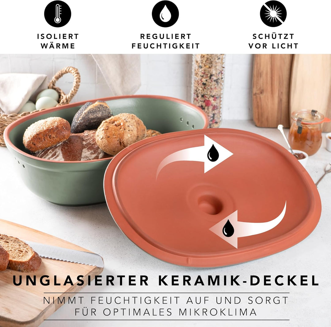 Römertopf Brottopf oval MAXI 6,5 Liter - Brotkasten Grün aus Keramik - Atmungsaktiver Tontopf für la