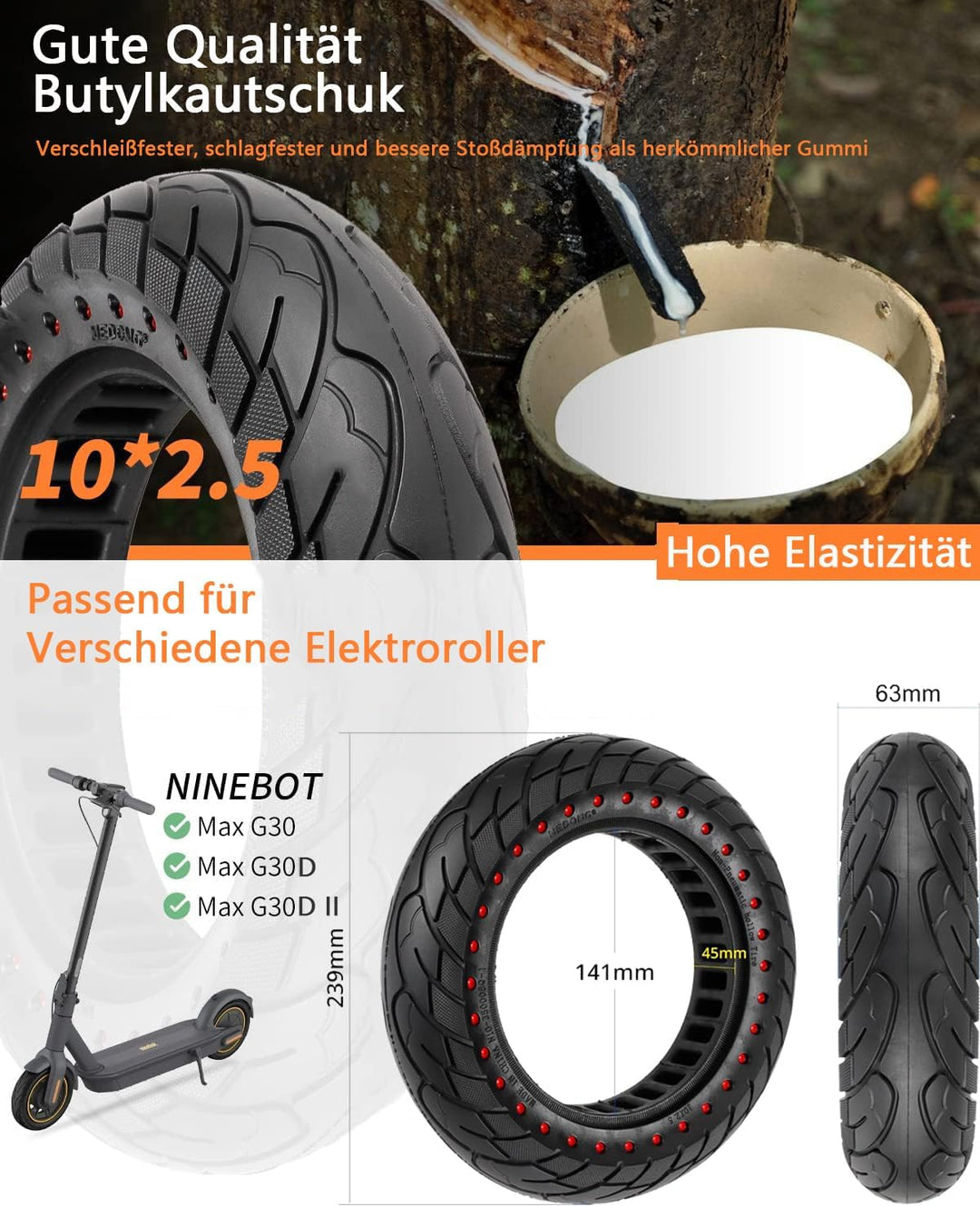 VOLOHAS 60/70-6,5 Vollgummireifen 10 * 2,5 Solide Reifen für Segway Ninebot Max G30 / G30E / G30LP E