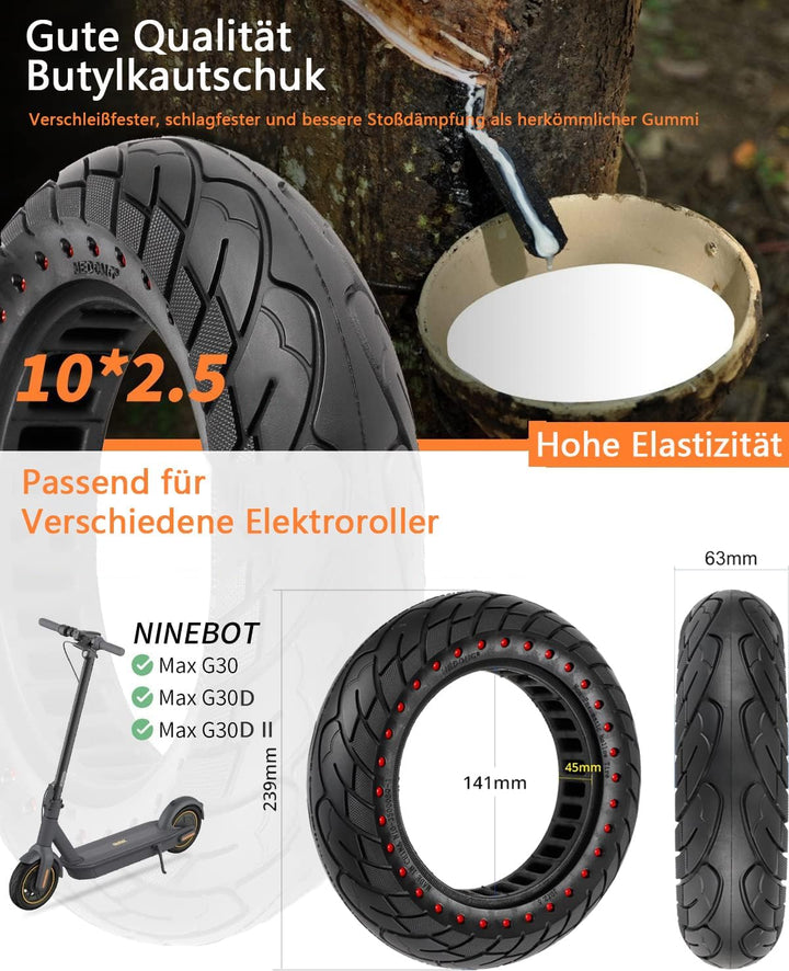 VOLOHAS 60/70-6,5 Vollgummireifen 10 * 2,5 Solide Reifen für Segway Ninebot Max G30 / G30E / G30LP E