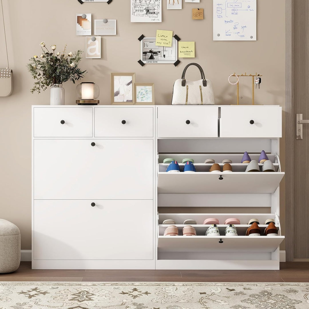YOURLITE Schuhschrank Schmal, Schuhkipper mit 2 Klappen und 2 Schubladen, Weiss Schuhregal, Trennwan