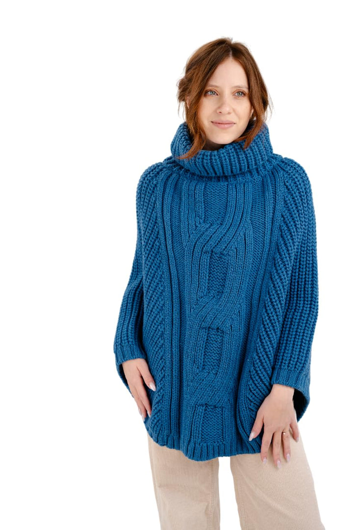 SAOL Damen Poncho aus 100% Merinowolle mit Zopfmuster für Damen Einheitsgrösse Einheitsgrösse Blaugr