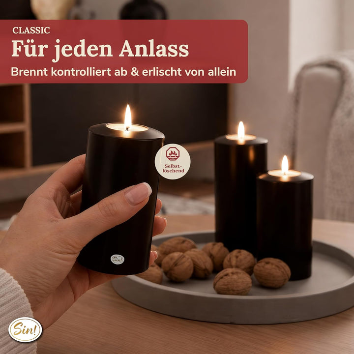 Sin! Teelichthalter Classic schwarz- ∅ 8 cm - Höhe 15 cm, Dauerkerze mit Teelicht in Kerzenform - Te