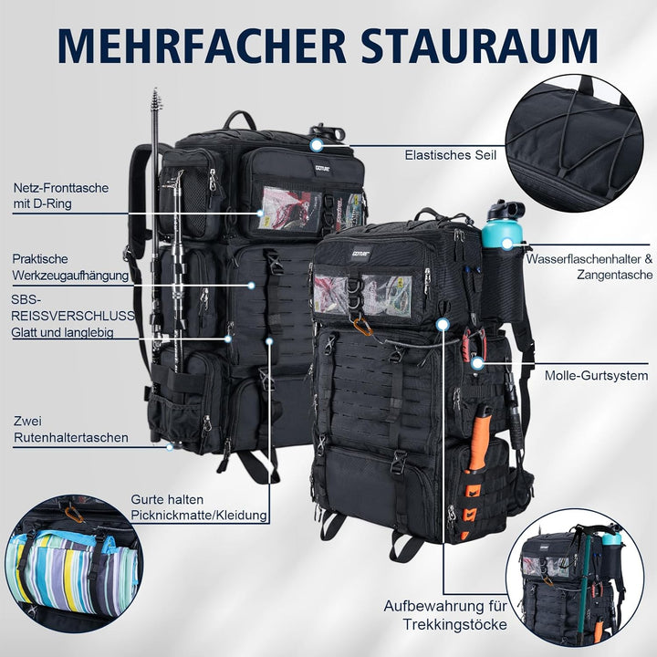 Goture 72L Angelrucksack mit Kühltasche (16L) &amp; Trocken-/Nass-Fach - Verstellbare Fächer Wasserabwei