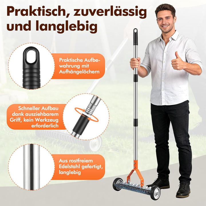 Rasen Rakel,166 cm Handvertikutierer,Gartenrechen Verstellbar,Rasenlüfter mit Rädern,zum Entfernen v