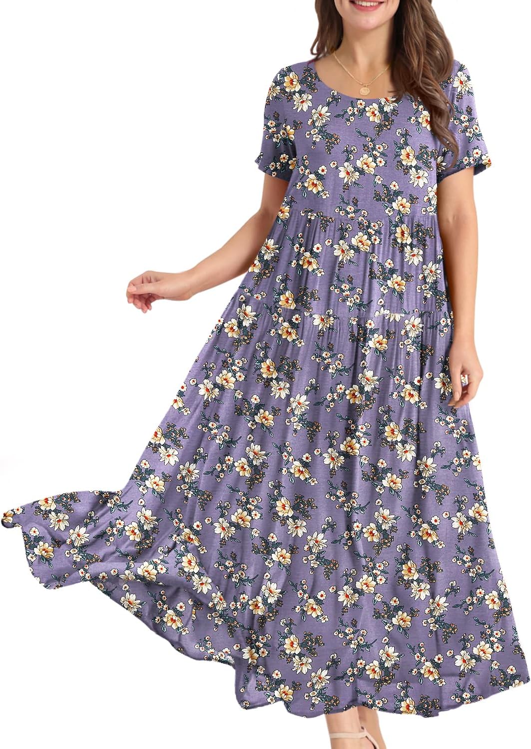 YESNO Damen Kleider Freizeit Lose Sommerkleid Lang Boho Maxikleid für Rundhals Strandkleid Blumenkle