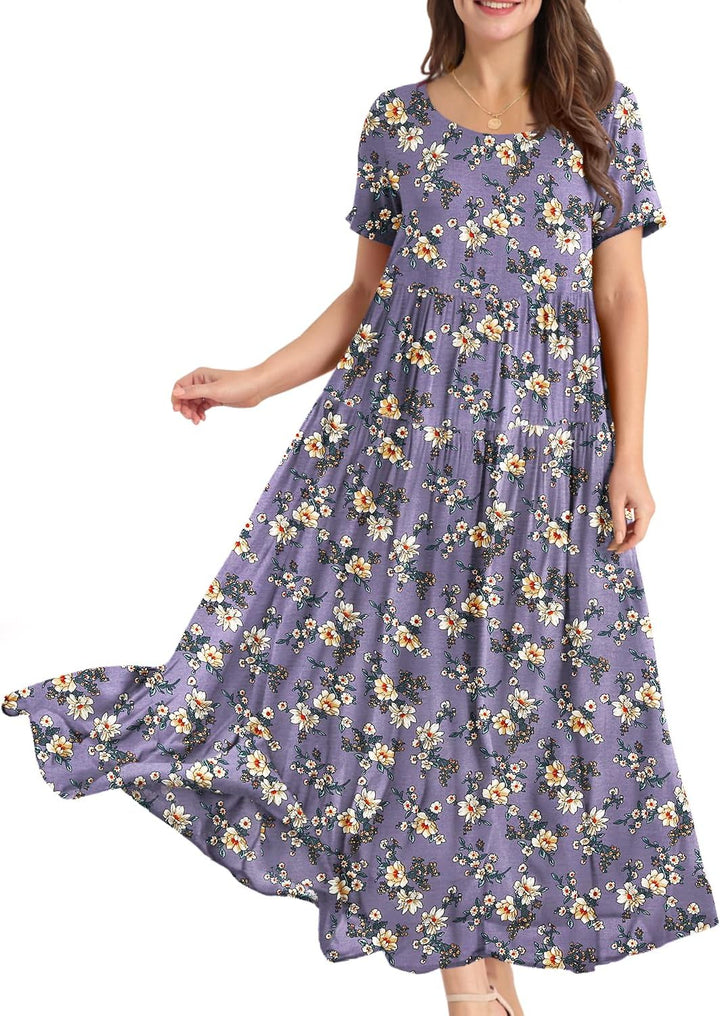 YESNO Damen Kleider Freizeit Lose Sommerkleid Lang Boho Maxikleid für Rundhals Strandkleid Blumenkle