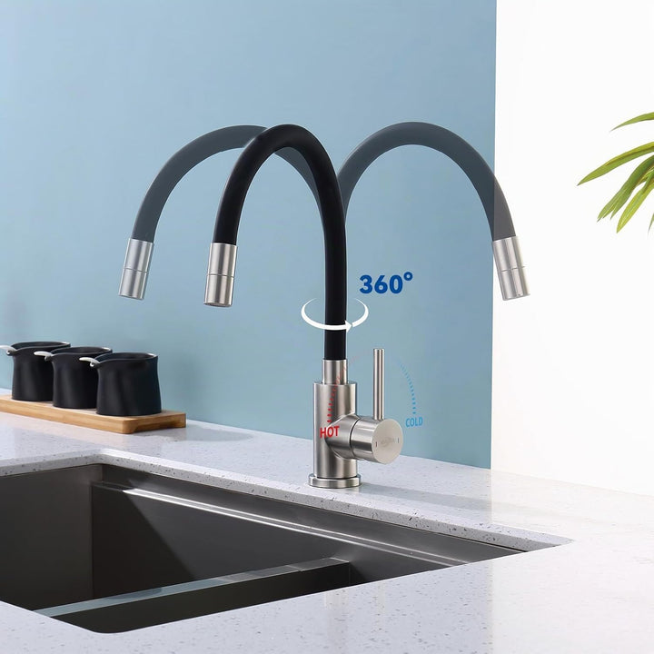 Flexibler Wasserhahn Küche Schwarz, Hochdruck Küchenamatur mit 2 Strahlarten, Armatur Küche 360° Dre