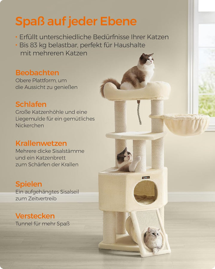 Feandrea Grosser Kratzbaum, M Katzenbaum, mit Höhle, Hängematte, Plüschplattform, Tunnel, Sisalstämm