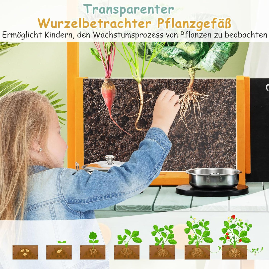 COSTWAY Matschküche Kinder Outdoor, Kinderküche Tannenholz mit Pflanzbehälter & 2 Kreidetafeln & Was