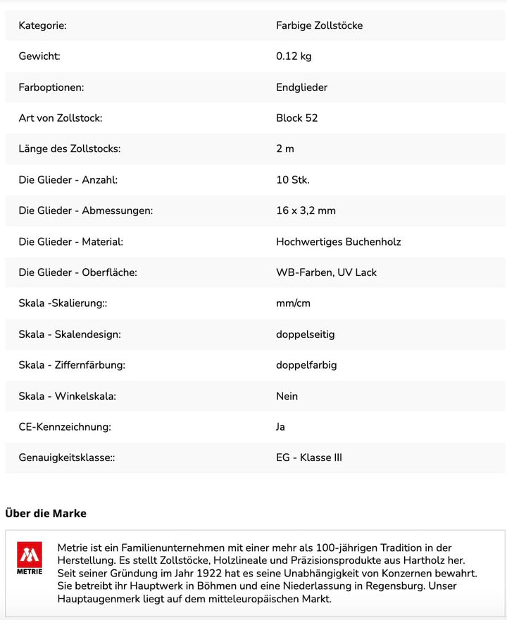 Metrie BLOCK52 Holz Zollstock/Zollstöcke 10x Stück|2m langer Gliedermassstab, Meterstab mit Duplex-T