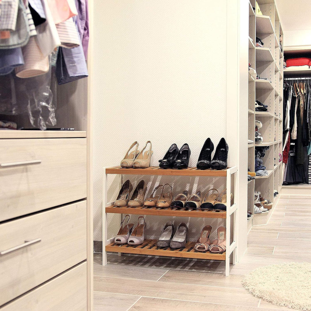 dibea Schuhregal mit 3 Ablagefächern Schuhschrank Bambusregal Standregal Küchenregal Wohnzimmerregal