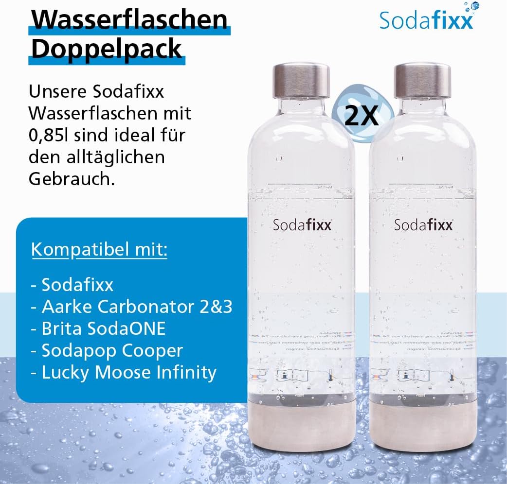 PET Wasserflaschen Doppelpack 2x 0,85L - Ersatzflaschen für Wassersprudler mit Schraubgewinde - komp