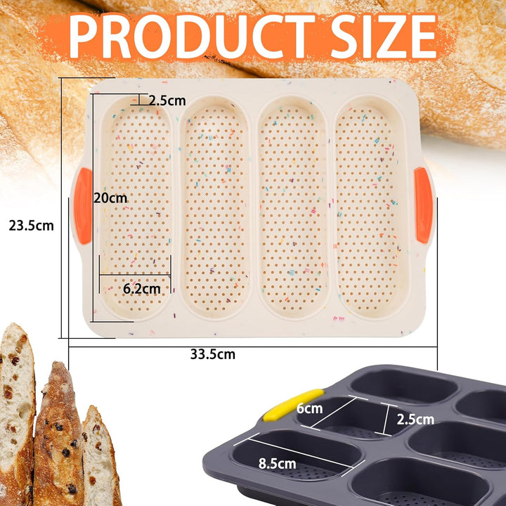 Backform Silikon Baguette Kuchenform Set 2 Stücke - 4-fach Beige & 9-fach Grau - 33,5x23,5x2,5cm - F