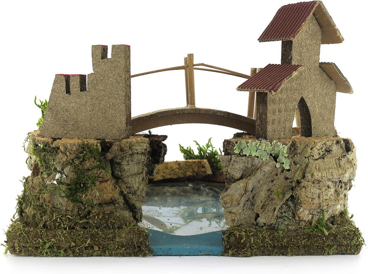 Bertoni Miniatur Mountain Lake mit Brücke und Baum, Holz, Mehrfarbig, 20 x 20 x 14 cm