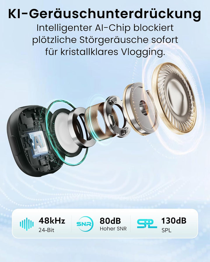 Mini Kabelloses Mikrofon, Wireless Lavalier Mic mit 48kHz/24Bit Hi-Fi Audio, 32H Dauer, 200m Reichwe