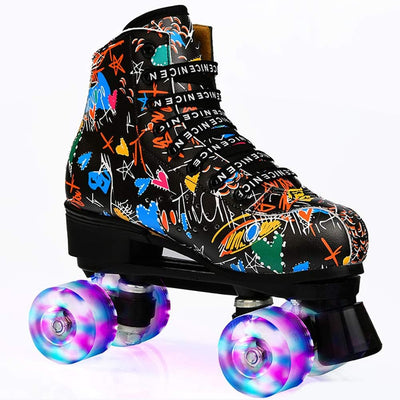 Damen Klassische Retro Rollschuhe,Rollschuhe mit Vier Rollen in Doppelreihe,Classic Roller, Rollschu