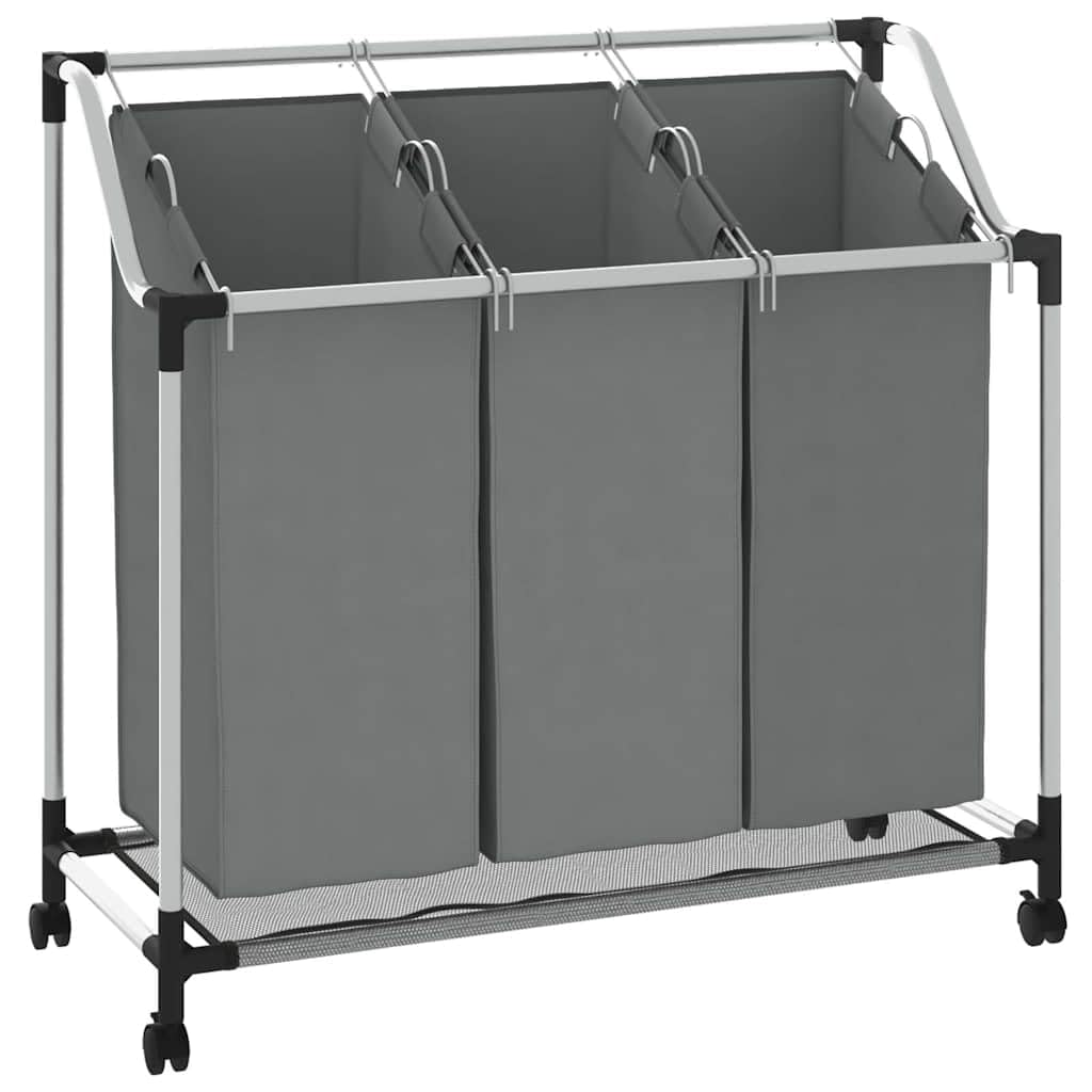vidaXL Wäschekorb mit Rollen 3 Fächer Grau, Wäschesortierer, Wäschebox, Wäschekorb mit Rollen, Wäsch