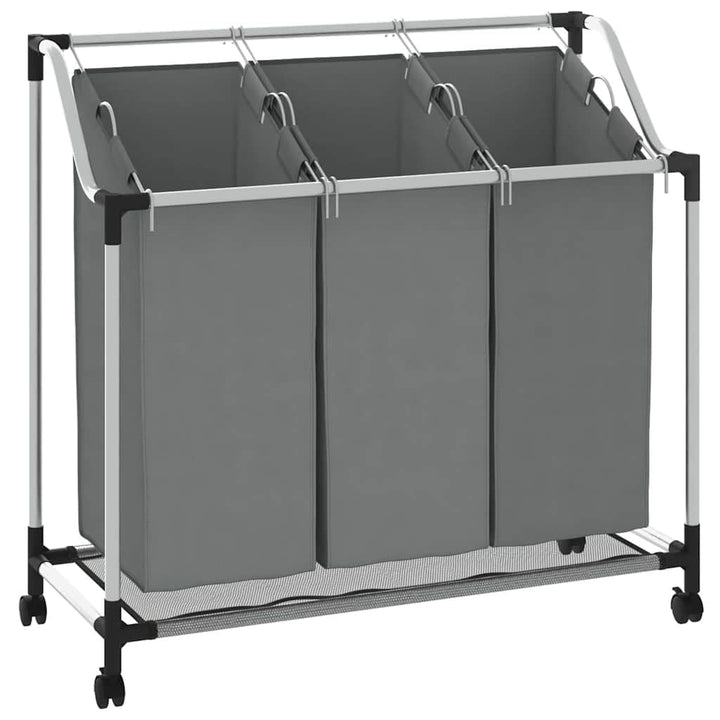 vidaXL Wäschekorb mit Rollen 3 Fächer Grau, Wäschesortierer, Wäschebox, Wäschekorb mit Rollen, Wäsch