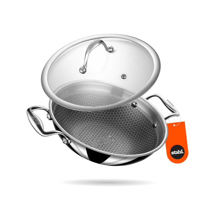 Stahl Triply Kadai mit Deckel, antihaftbeschichtet, Edelstahl, Kadai mit Induktionsboden, dreilagig,