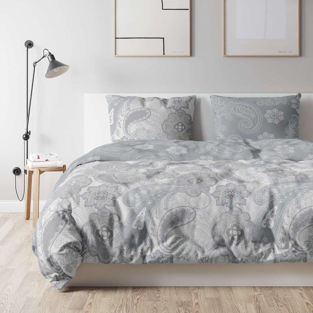 ETÉREA Mako Satin Bettwäsche 200x200cm + 2X 80x80cm - 100% Baumwolle Bettbezug Paisley Florina natür
