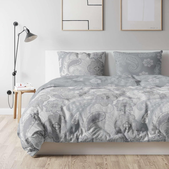 ETÉREA Mako Satin Bettwäsche 200x200cm + 2X 80x80cm - 100% Baumwolle Bettbezug Paisley Florina natür