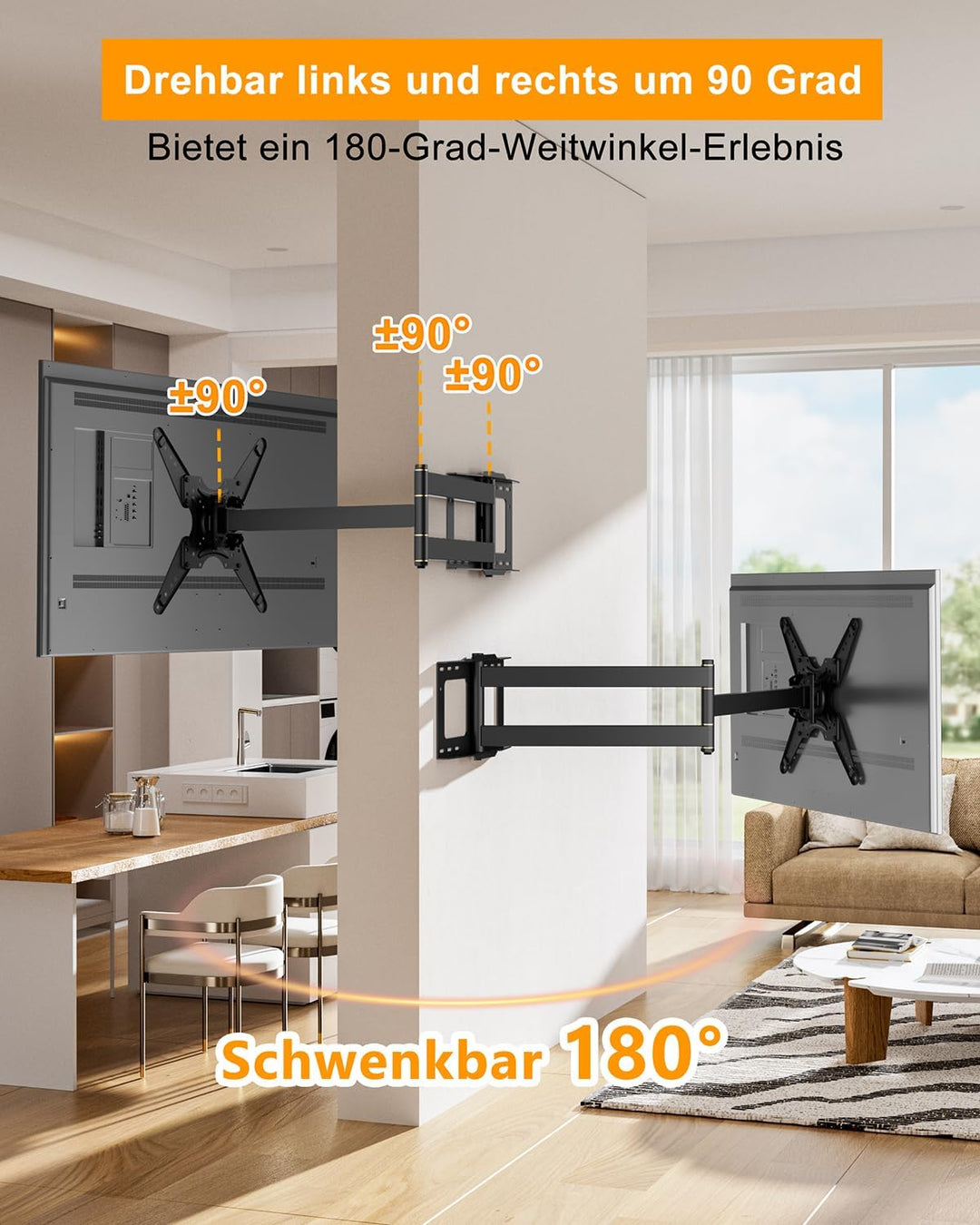 TV Wandhalterung mit 1219mm Langer Reichweite, 90° Drehbare Wandhalterung Fernseher Schwenkbar Neigb
