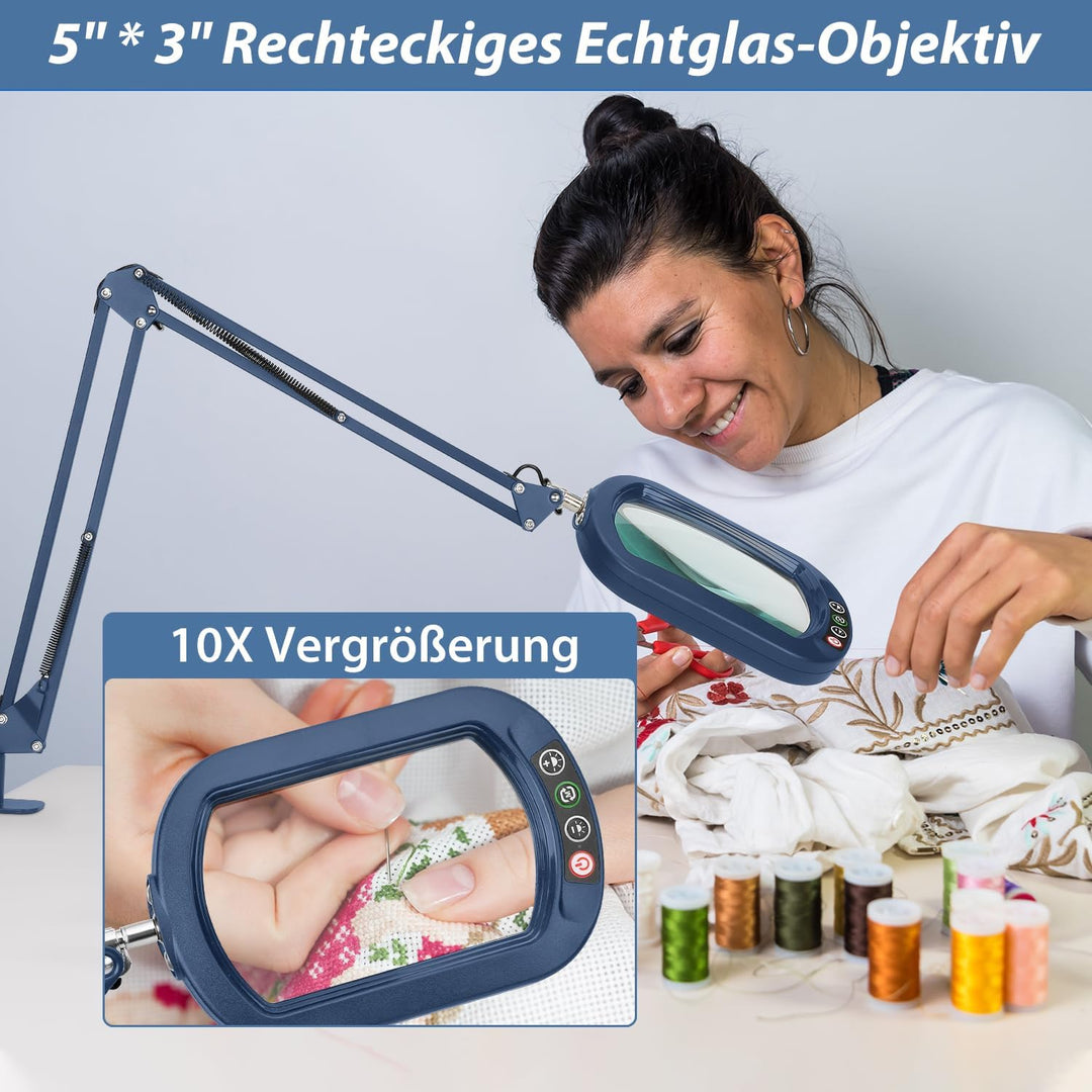 Veemagni 10X Echtes Glas Rechteckige Lupe mit Licht und Klemme, Leselupe 5 Farbmodi Stufenlos Dimmen
