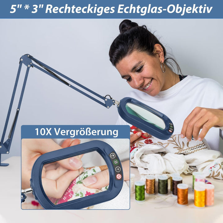 Veemagni 10X Echtes Glas Rechteckige Lupe mit Licht und Klemme, Leselupe 5 Farbmodi Stufenlos Dimmen