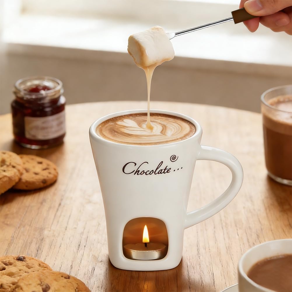Vicloon Schokofondue Tasse, 130ml Keramik Schokoladenfondue Set mit Gabeln, Schokoladen Fondue Beche
