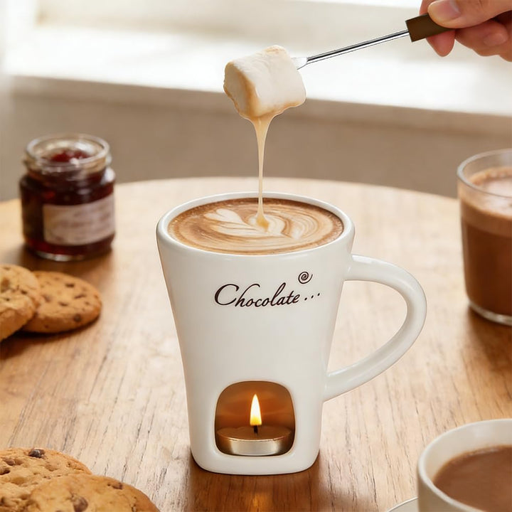 Vicloon Schokofondue Tasse, 130ml Keramik Schokoladenfondue Set mit Gabeln, Schokoladen Fondue Beche