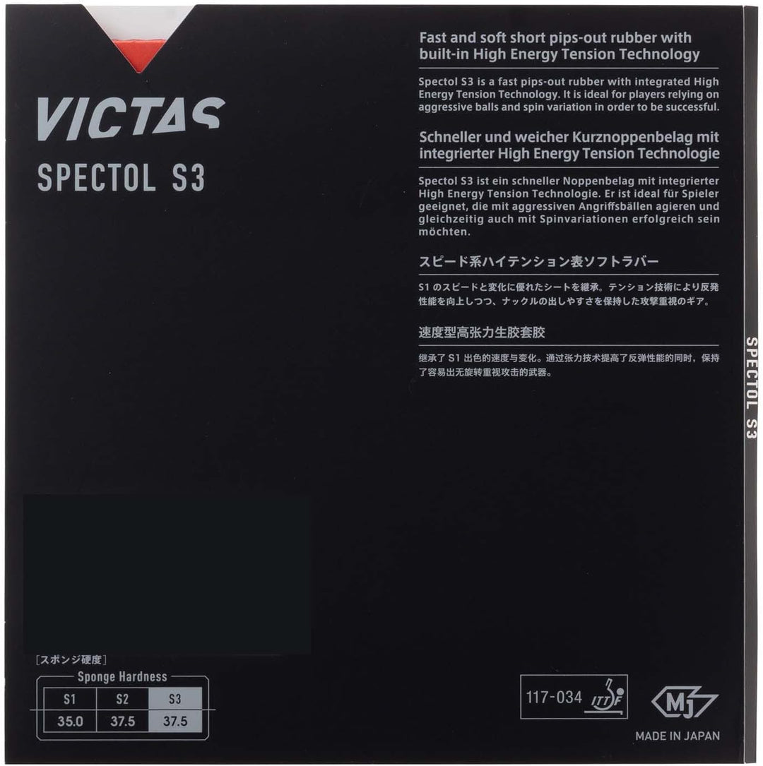 VICTAS 210030 Tischtennis Rubber Spectrum S3 SPECTOL Speed Tension Table Soft, Rot/Schwarz 2,0 mm ro