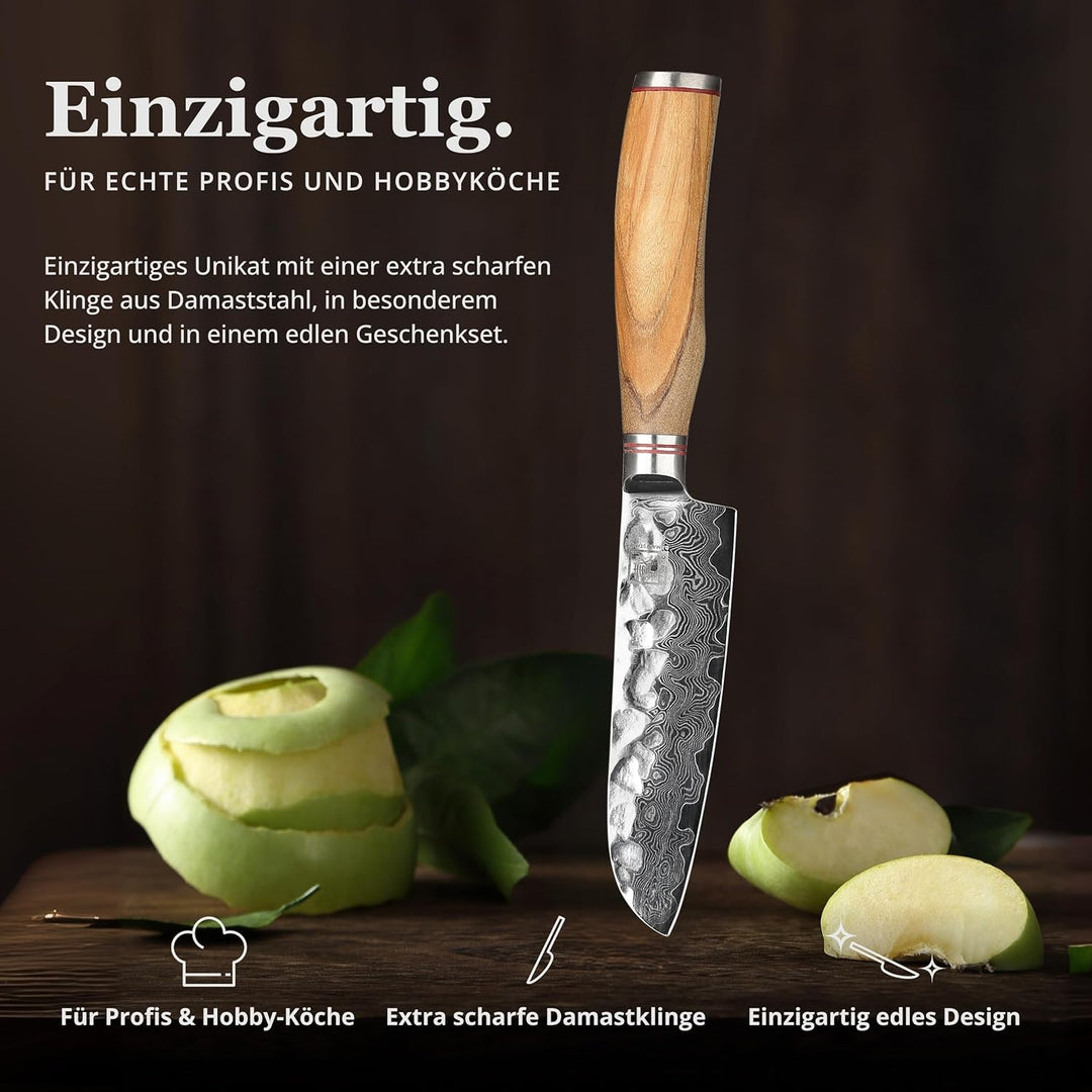 zayiko Olive Damastmesser kleines Santoku 12cm Klinge extrem scharf aus 67 Lagen I Damast Küchenmess