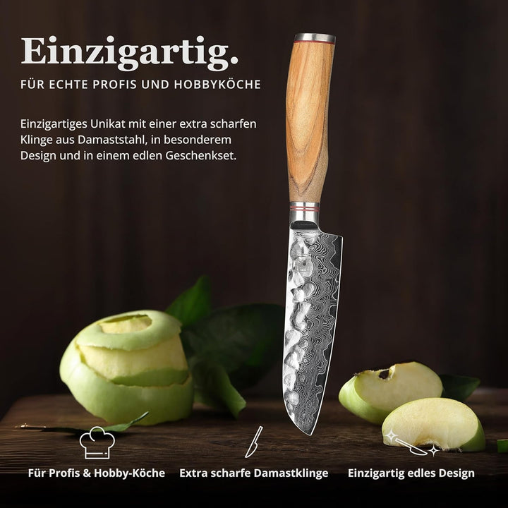 zayiko Olive Damastmesser kleines Santoku 12cm Klinge extrem scharf aus 67 Lagen I Damast Küchenmess