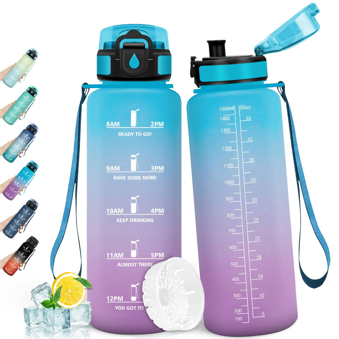 HoneyHolly Trinkflasche 1500ML, Sportflasche mit Filter, Wasserflasche, Auslaufsicher mit Zeitmarkie