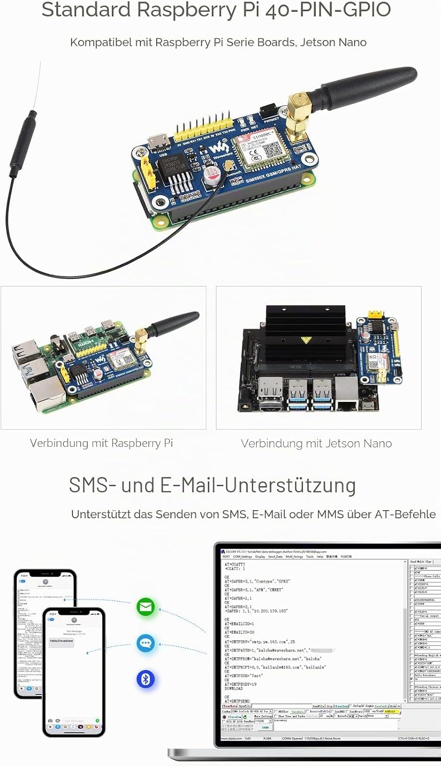 Waveshare GSM/GPRS HAT for Raspberry Pi 2B/3B/3B+/Zero/Zero W Jetson Nano Based on SIM800C Send Mess