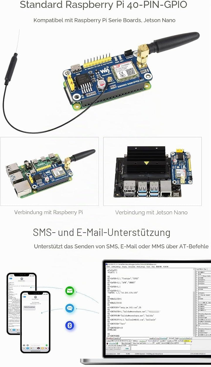 Waveshare GSM/GPRS HAT for Raspberry Pi 2B/3B/3B+/Zero/Zero W Jetson Nano Based on SIM800C Send Mess