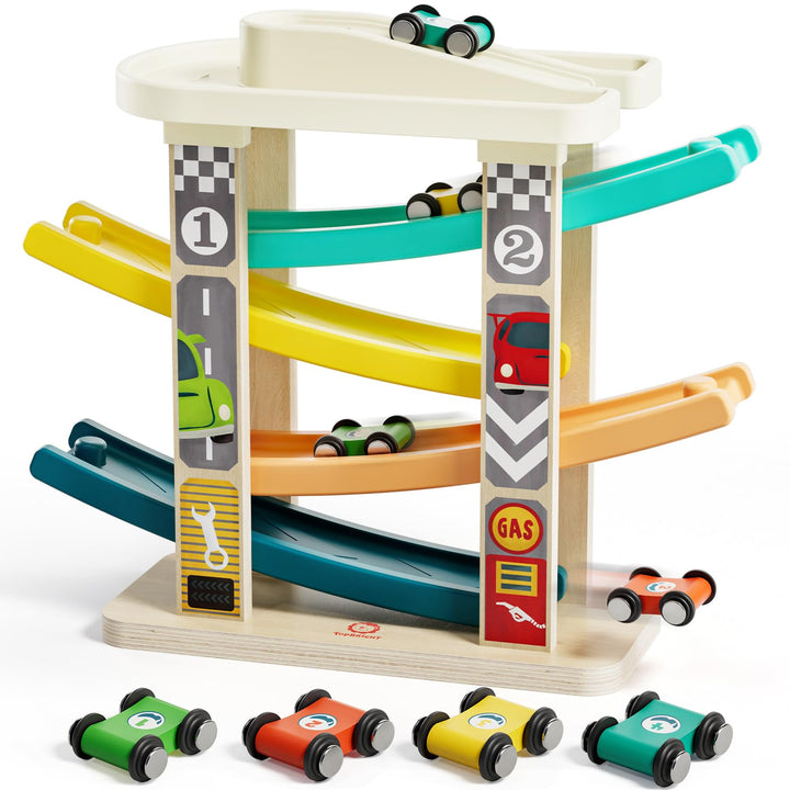 TOP BRIGHT Kugelbahn Autorennbahn aus Holz mit 4 Autos - Kinderspielzeug Geschenke für Kinder, Baby