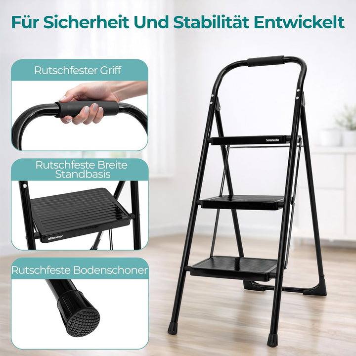 SereneLife Trittleiter 3 Stufen klappbar – Stabiler Tritthocker mit Handlauf, rutschfest, bis 259 kg