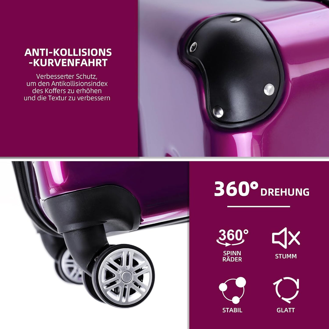 BEIBYE- 3er Kofferset Hartschalen-Koffer Reisekoffer Trolley Rollkoffer Set Reisekofferset (Lila), L