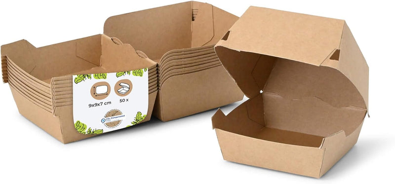 BIOZOYG Take Away Burger Box quadratisch 50 Stück Kraftkarton mit hohem Klappdeckel für Mini Burger