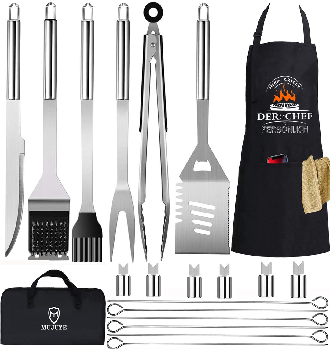 MUJUZE Grill Set Mit Grillschürze für männer,20pcs Edelstahl grillzubehör männer Geschenk mit Grills