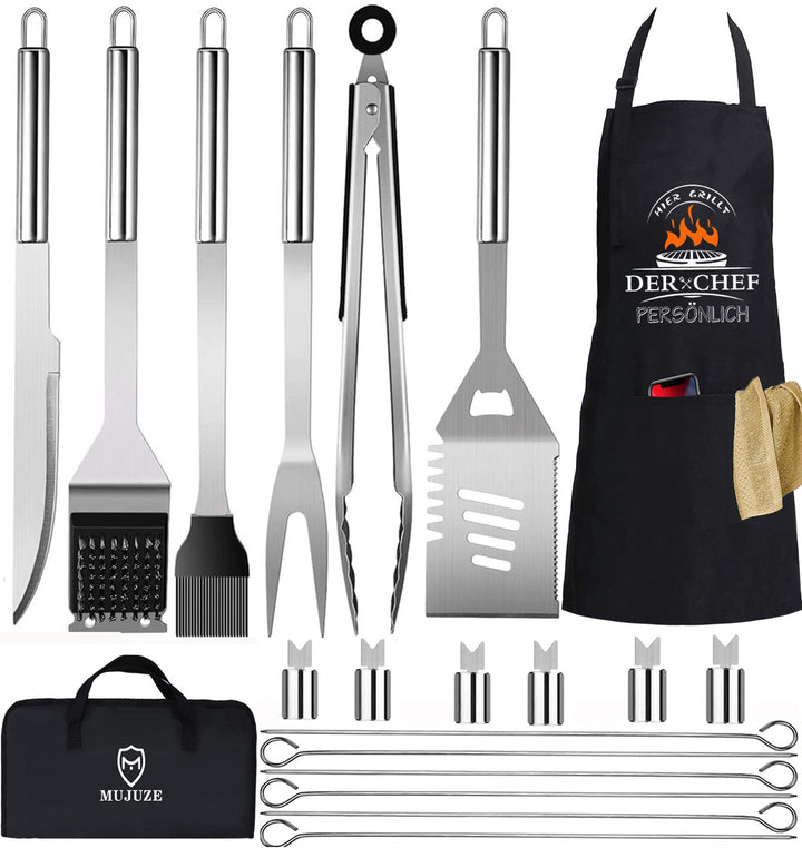 MUJUZE Grill Set Mit Grillschürze für männer,20pcs Edelstahl grillzubehör männer Geschenk mit Grills