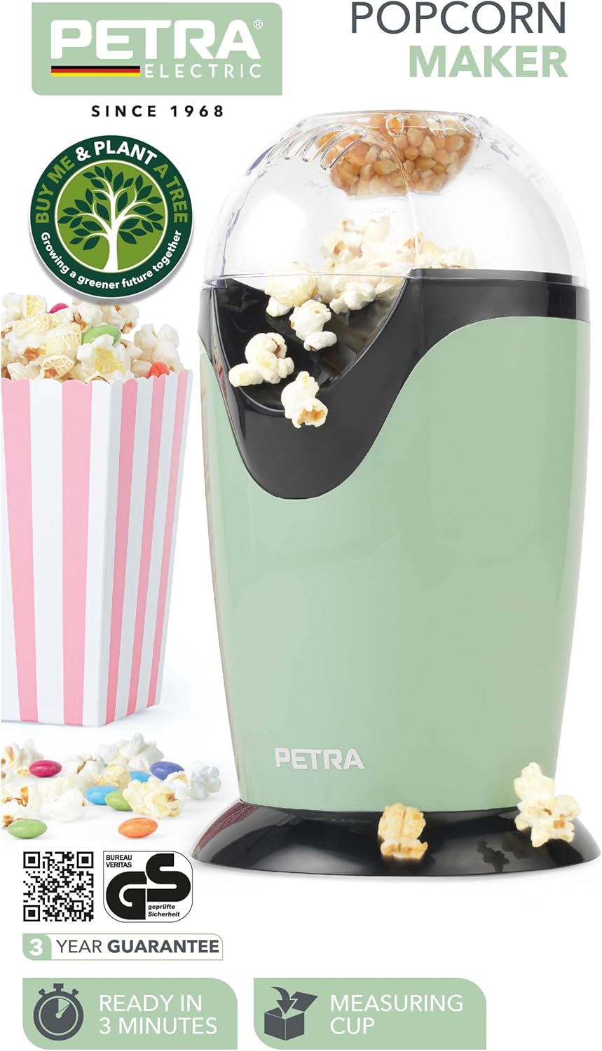 Petra PT0493GRVDEEU7 Elektrische Heissluft Popcornmaschine, 1200W, Retrolook, für süsses und salzige