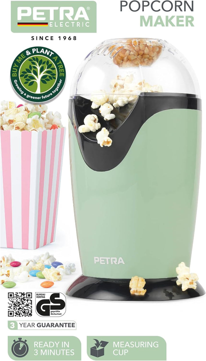 Petra PT0493GRVDEEU7 Elektrische Heissluft Popcornmaschine, 1200W, Retrolook, für süsses und salzige