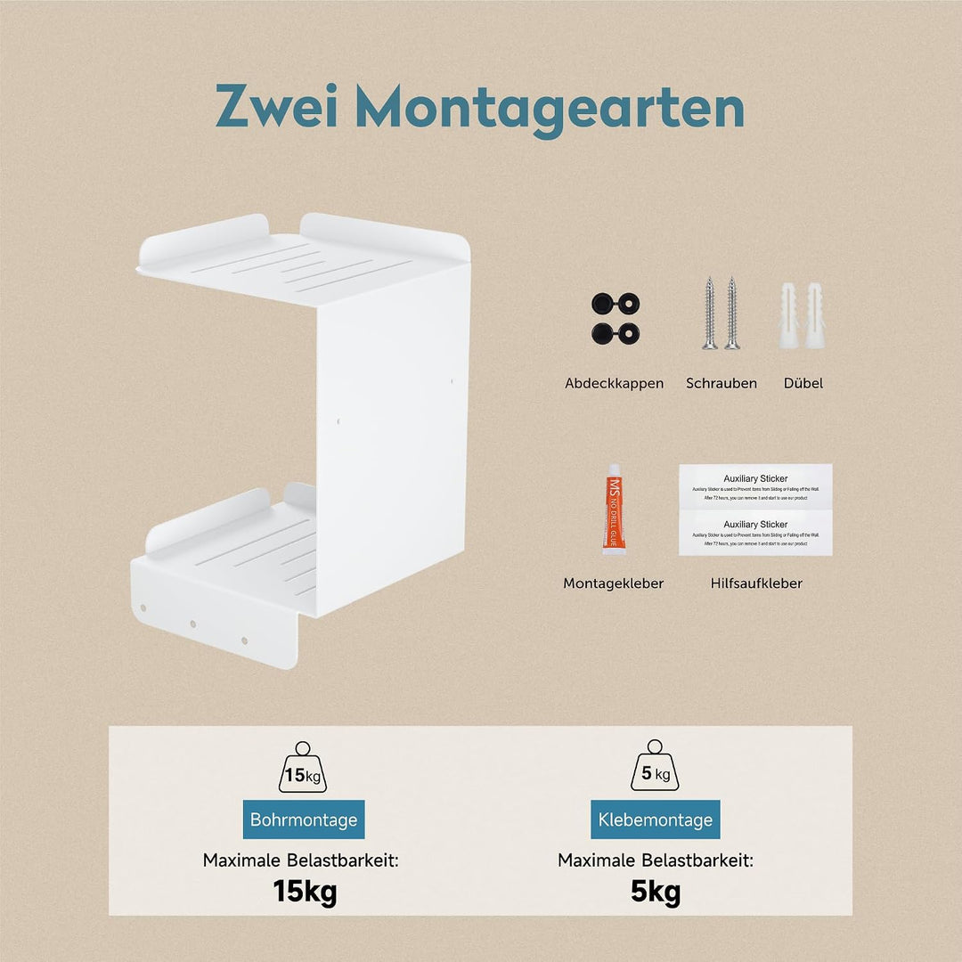 doporro Duschablage ohne Bohren Weiss, Duschregal mit 2 Etagen und 3 Haken | Badregal als Duschablag