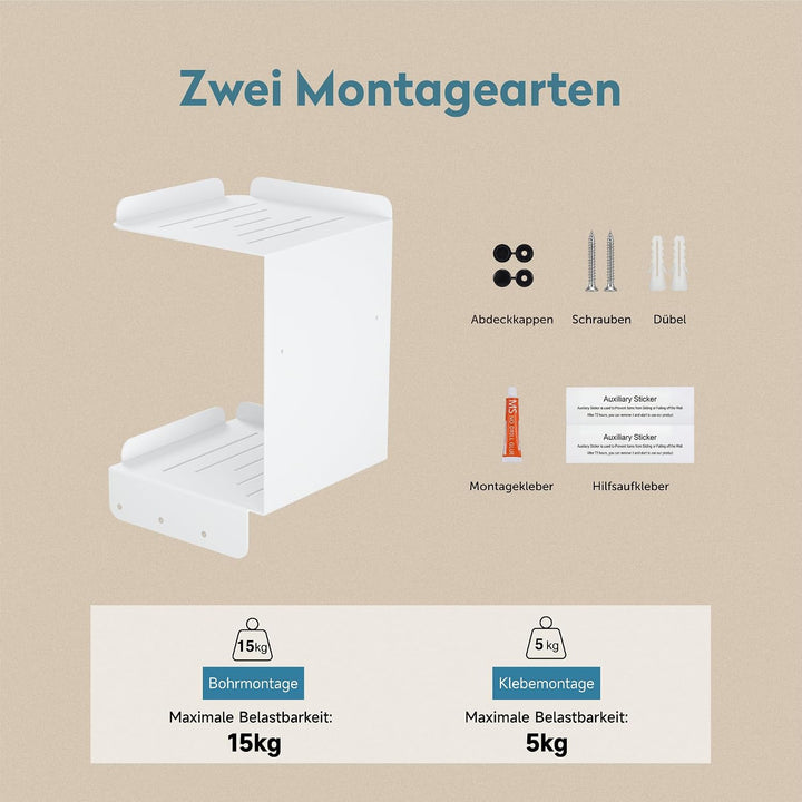 doporro Duschablage ohne Bohren Weiss, Duschregal mit 2 Etagen und 3 Haken | Badregal als Duschablag