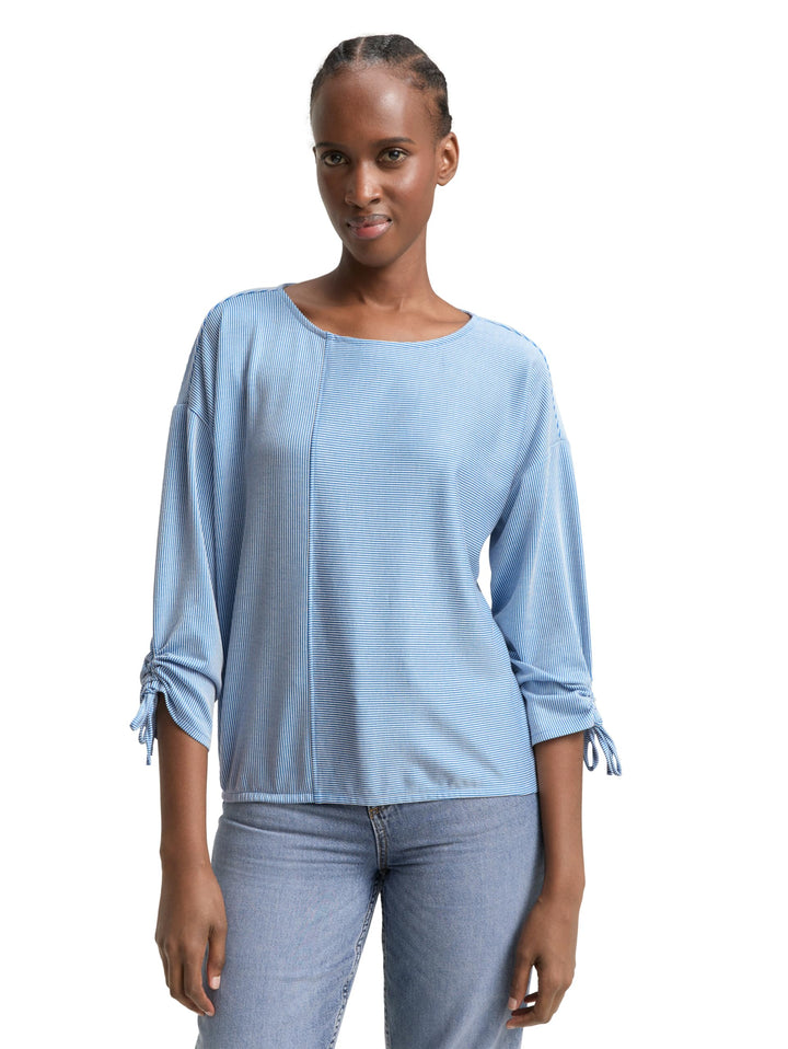 TOM TAILOR Denim Damen Loose Fit Longsleeve mit Streifen & Raffarm XS 31347 - Small Mid Blue White S