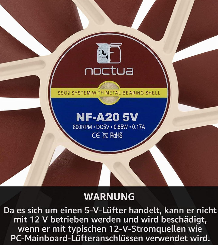 Noctua NF-A20 5V, Leiser Premium-Lüfter mit USB Stromadapterkabel, 3-Pin, 5V Version (200x30mm, Brau
